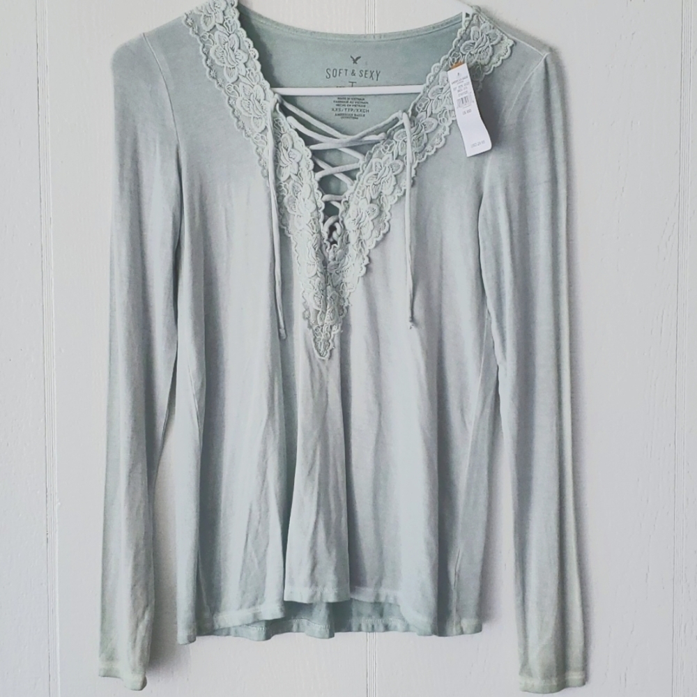 NWT American Eagle AEO Soft Sexy Sage Mint Green Tie Front Long Sleeve Shirt XXS